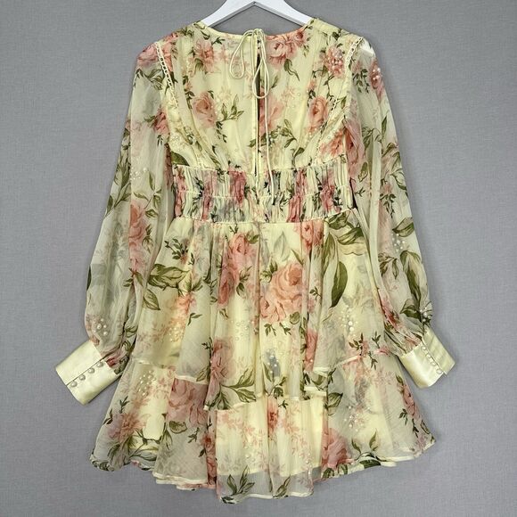 ASOS Design Womens Dress 4 Yellow Pearl Embellished Floral Tiered Fairy Boho - Picture 11 of 16